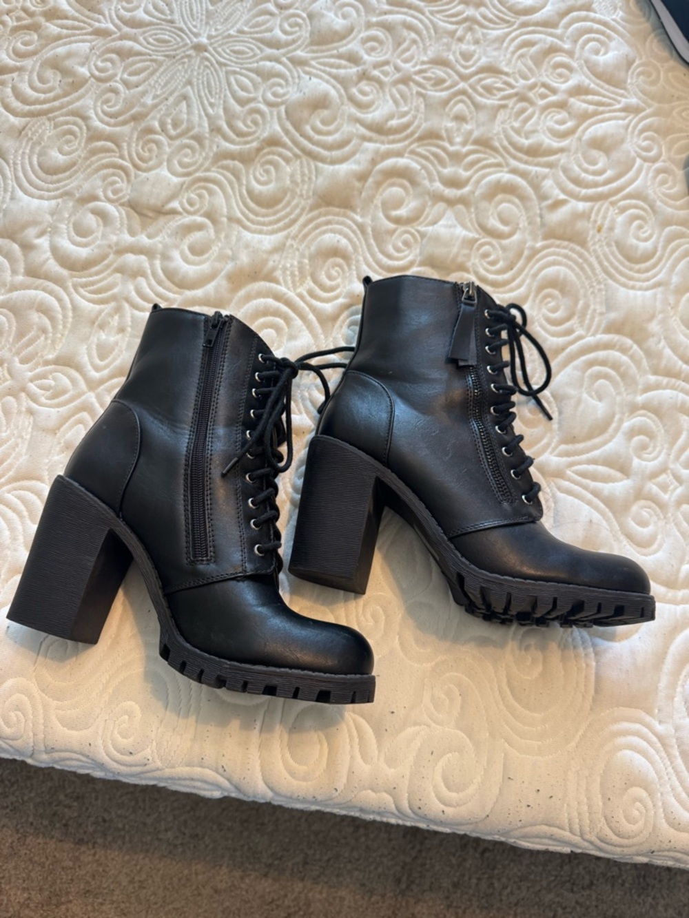 Soda Black Lace-Up Chunky Heel Ankle Boots